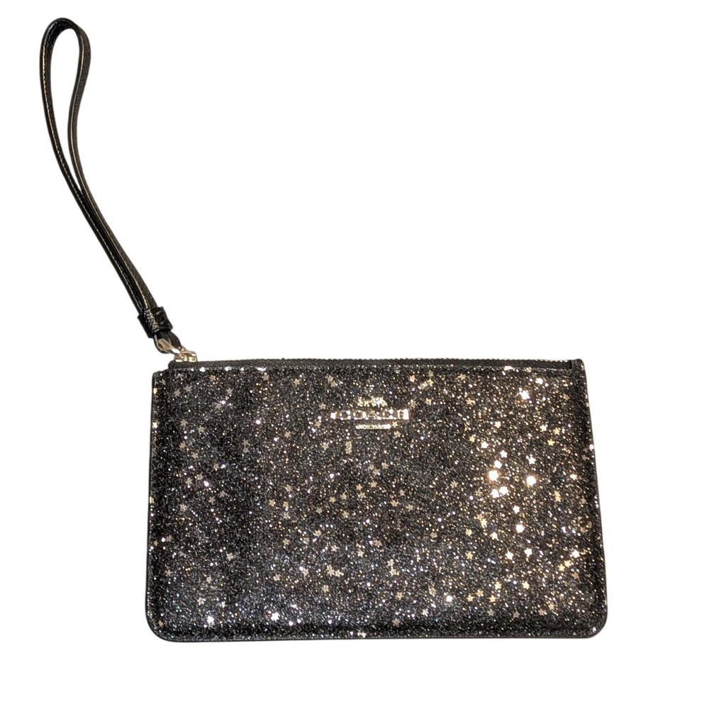 Coach Black Glitter Star Wristlet Small Zip Clutch Bag Silver Hardware